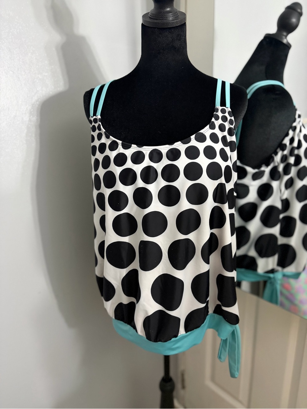 Black & White Polka Dot Swimsuit Top with Teal Trim